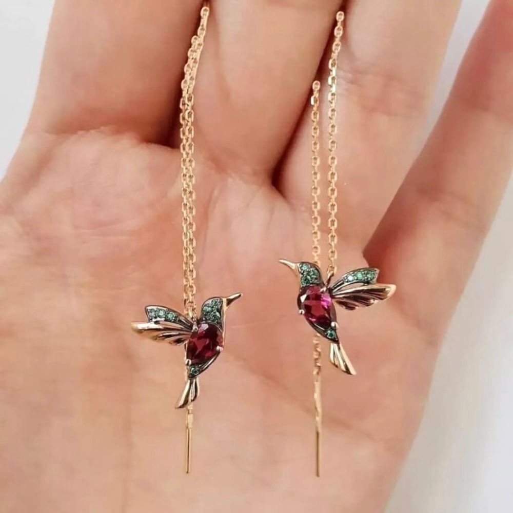 Colorful Hummingbird Jewel Dangle Threader Earring - Picture 1 of 9